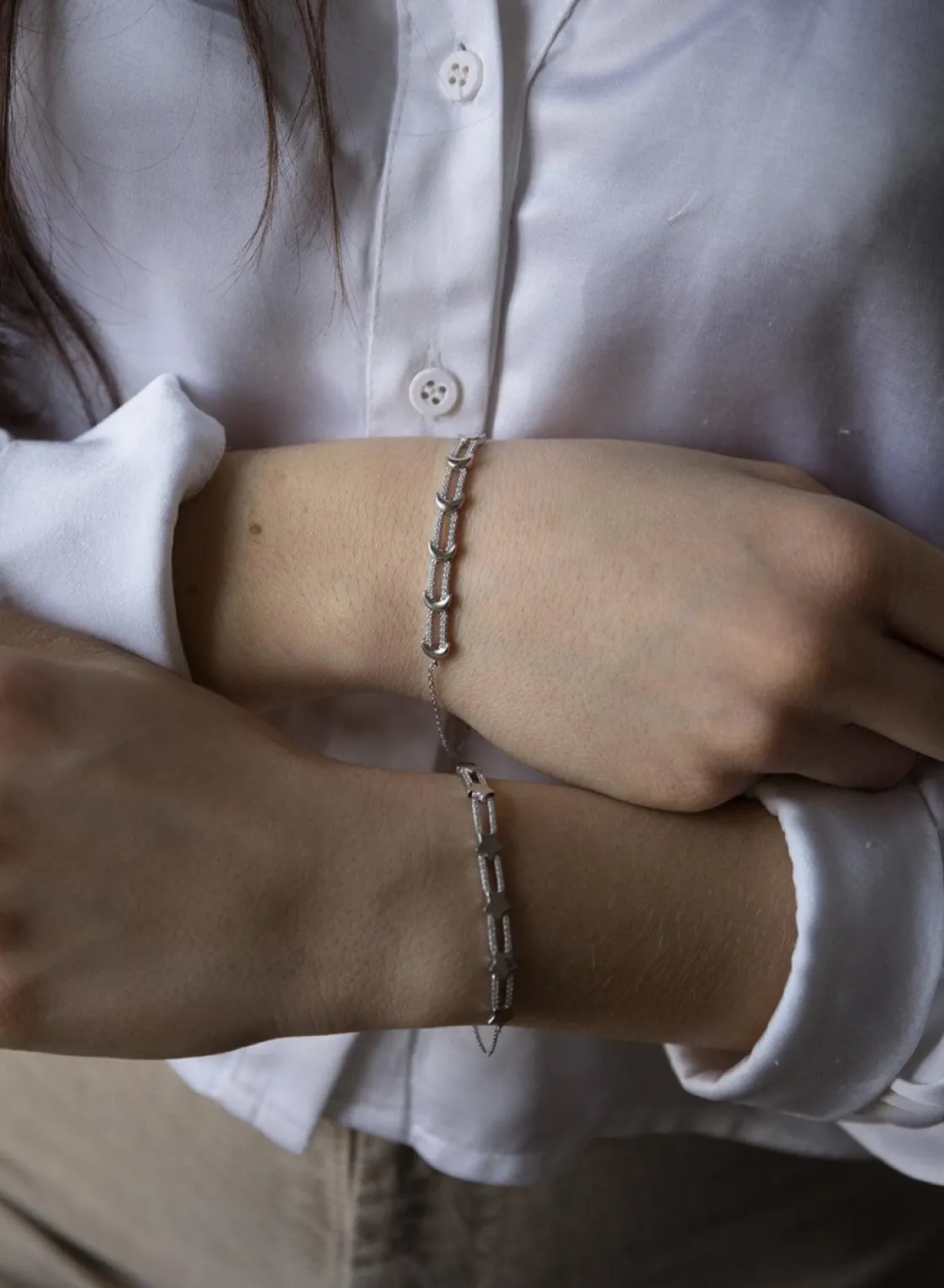 Pulseras Finas | LINEARGENT Pulseras finas diseño de doble raíl con seis lunas