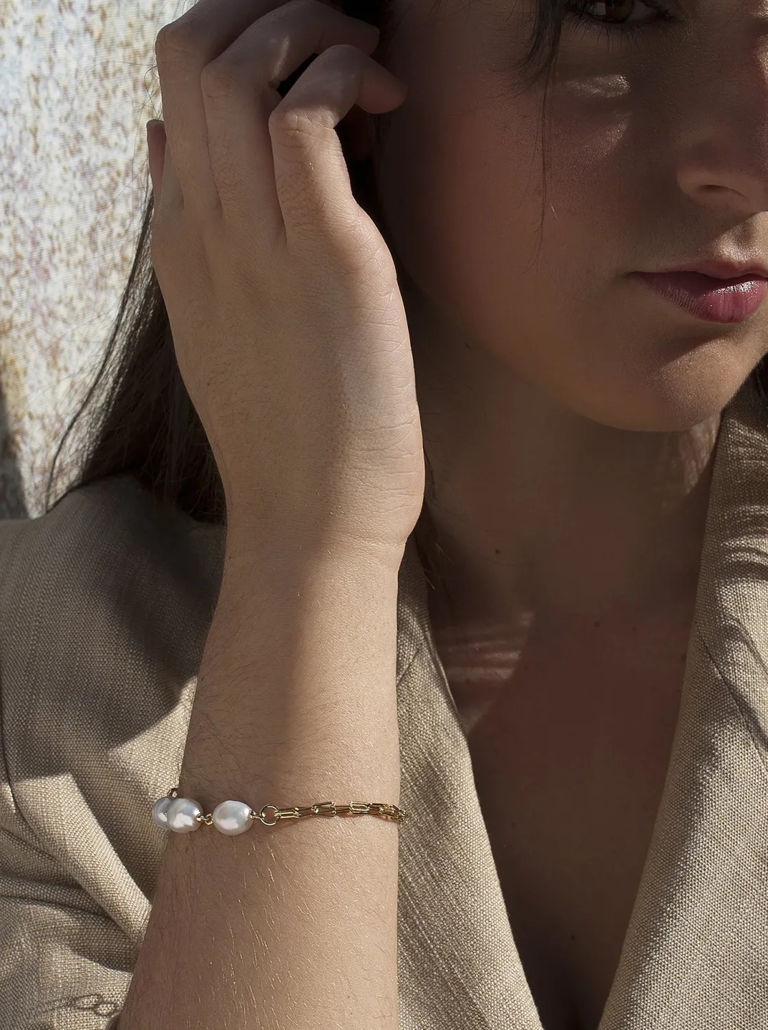 Pulseras Perlas | LINEARGENT Pulseras perlas de plata bañada en oro diseño eslabones
